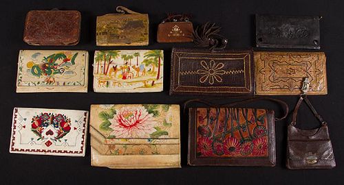 12 TOOLED LEATHER BAGS & WALLETS, 1900-1920