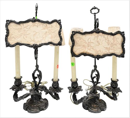 Pair of French Rococo Style Silver Plated Candelabras, having adjustable candle light screen, electrified and made into table lamps, height 19 inches 