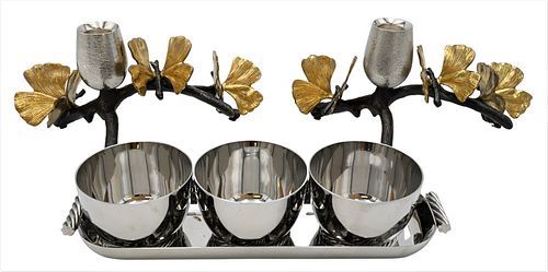 Michael Aram Group, to include pair of mixed metal butterfly candlesticks, three chrome cups on oval tray, all signed with original bags, height 4 1/2