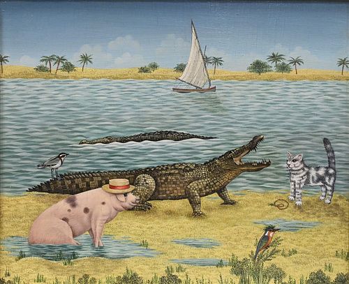 T. Thompson (20th century), Meeting a Crocodile, oil on panel, signed, titled and dated on a label adhered to verso "T. Thompson 1984 Meeting a Crocod