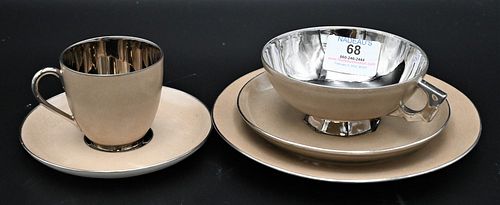 94 Piece Set of Charles Ahrenfeldt Porcelain Tea and Coffee Dessert Setting, having tan and silver color consisting of 18 coffee cups, 18 coffee plate