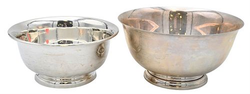 Two Sterling Silver Revere Style Bowls, diameter 8 inches and 9 inches, 42.4 troy ounces
