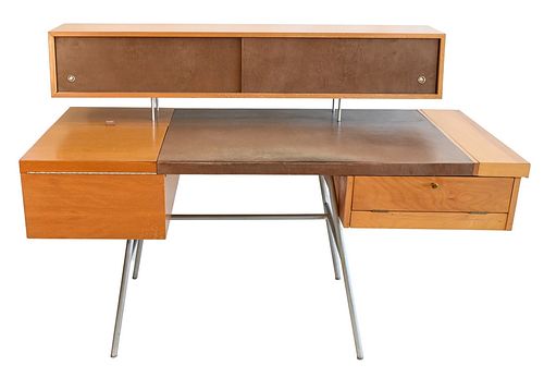 George Nelson and Associates Herme Office Desk for Herman Miller, model 4658, circa 1946, walnut, chrome plated steel, and leather, height 41 inches, 