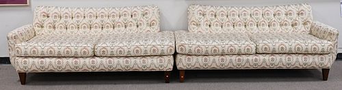 Six Piece Lot, to include two part upholstered sofa, oval bench, and a curule base stool, length of each section 72 inches; along with a pair of Victo