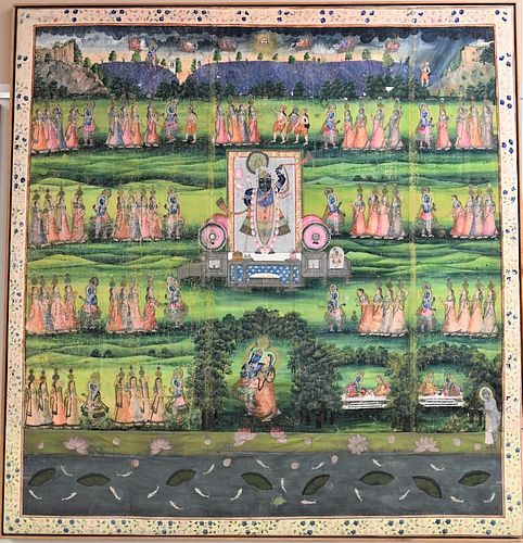 Two Piece Lot, to include Indian Pichwai of Shrinathji Surrounded by Scenes of Krishna with Gopis (North India, Rajasthan, Nathdwara region), late 19t