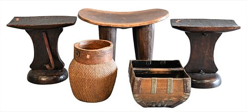 Five Piece Indian Group, to include a pair of stools, larger stool and two baskets, height 17 inches, top 10" x 18".