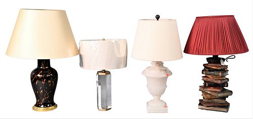 Group of Four Contemporary Table Lamps, to include small hexagon glass with silk shade; alabaster urn form lamp; lampo base in the form of stacking bo