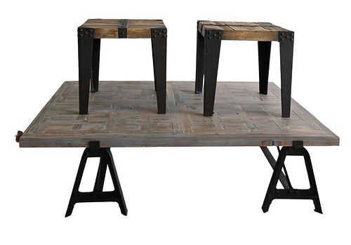 Three Piece Living Room Table Set, to include large barnwood style coffee table with iron base, and a pair of matching side stands with iron legs, cof