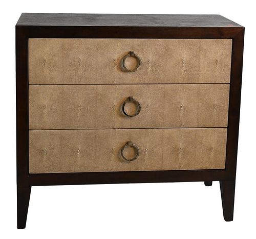 Lillian August Three Drawer Chest, having faux lizard skin drawer fronts, Lillian August for Hickory White Label, height 35 inches, width 38 inches.