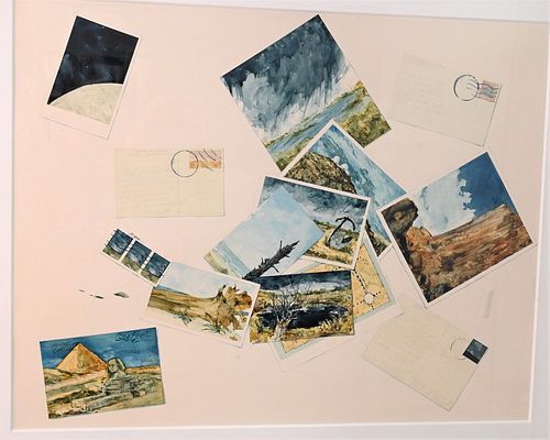 Robert Camblin, (American, 1928-2010), Little Egypt Postcards, 1974/ Trompe l'oeil style painted postcards from Disney, Statue of Liberty, and Texas, 