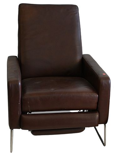 Mid Century Modern Leather Reclining Chair, having brown leather with metal sleigh style base, height 37 inches, width 27 inches.