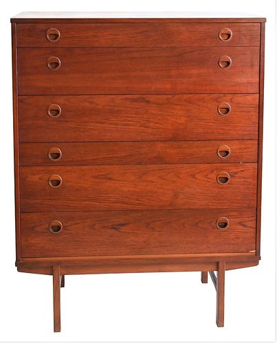 Albert Larsen Tall Chest, having six drawers, teak, from Sweden 1960, height 49 inches, 38" x 18 1/2".