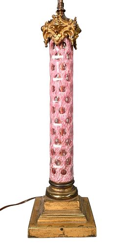 French Art Glass Collunar Table Lamp, having pink and white shaft, 6 cut to clear with bronze mounts, height 32 inches.