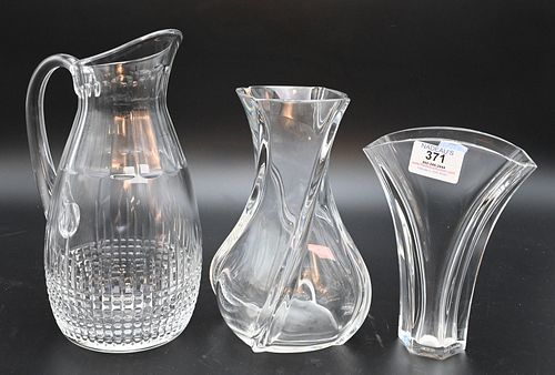 Three Piece Baccarat Group, to include two vases and a pitcher, tallest height 10 inches.