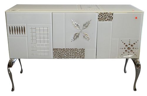 Arte Veneziana Purity Contemporary Buffet, artistic geometric mirrored murano glass engravings on white glass, opening to fitted drawer interior all r