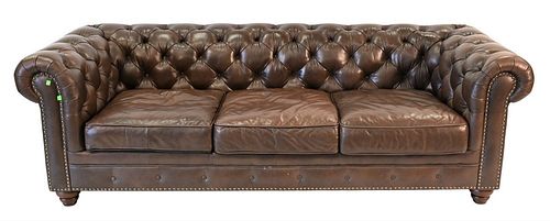 Chesterfield Style Brown Leather Sofa, height 29 1/2 inches, length 93 inches, depth 37 inches.
