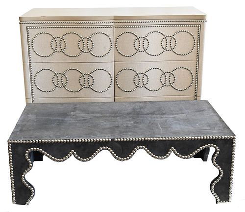 Two Piece Lot, to include a contemporary two door server and a coffee table, both fabric wrapped with rivets, chest height 38 inches, top 20" x 47".