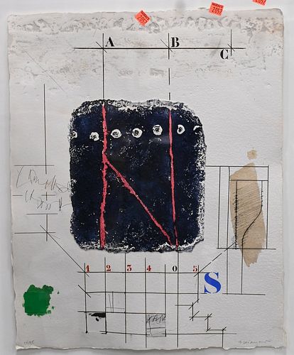James Coignard (French 1925-2008), "Geometries Avtoor d'un Prealable" 1982 "Etude de verticalite", mixed media, carborundum, aquatint with collage and