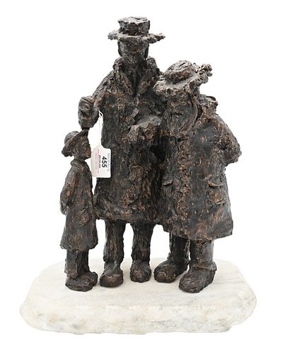 Large Figural Bronze, three generations, grandfather, father and son, on stone base signed illegibly on back, marked IV/VI, height 16 inches.