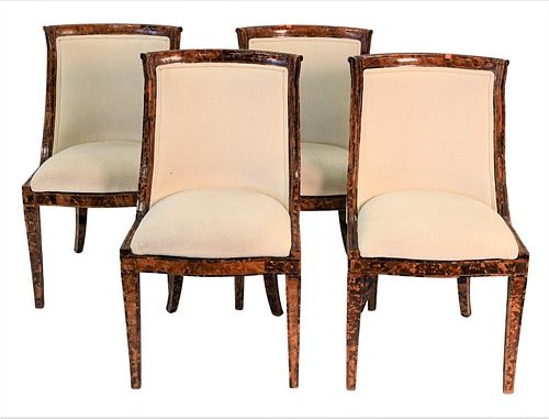 Set of Four Side Chairs, having tortoise shell veneered frames with upholstered seats and backs, (slight chips), height 35 inches.