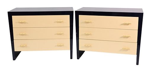 Pair of Safavieh Couture Arielle Lacquered Chests, design # SFV3508A, heavy two tone navy and cream with faux bamboo handles, height 36 inches, top 24