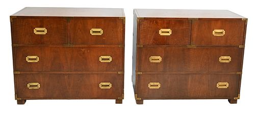 Baker Four Piece Lot, to include two campaign style two-over-two chests; a two drawer chest, along with a two drawer stand, largest height 32 inches, 