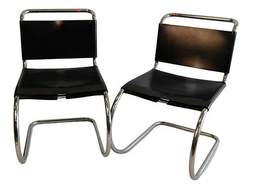 Set of Six Mies Van Der Rohe for Knoll Associates MR30 Chairs, having leather upholstery and chrome frames.