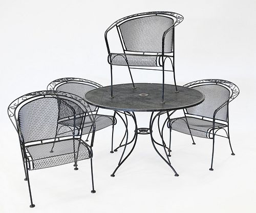 Wire Mesh Seven Piece Lot, to include two lounges, four arm chairs, and round table, height 28 1/2 inches, diameter 48 inches.