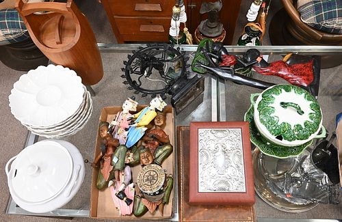 Table Lot of Assorted Smalls, to include large group of silver plate, carved Indonesian plaque, lamps, soldiers, mirrored pedestal, etc.