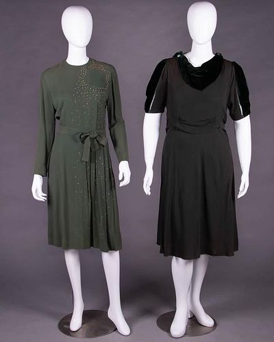TWO GREEN CREPE AFTERNOON DRESS, EARLY 1930s-MID 1940s