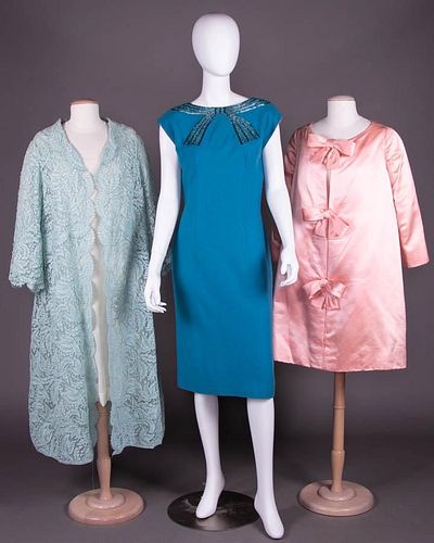 TWO COCKTAIL DRESSES & ONE TEAL TRAINA COAT, 1960s