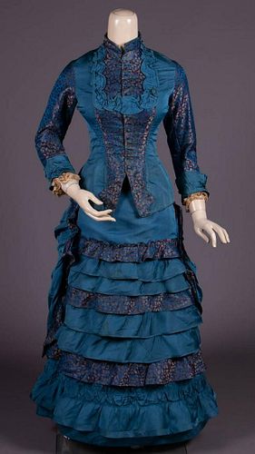 PRUSSIAN BLUE FAILLE & PATTERNED SILK DAY DRESS, 1878