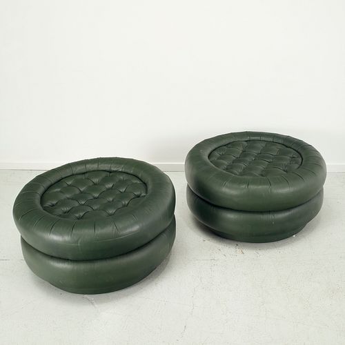 Pair decorator button-tufted leather ottomans