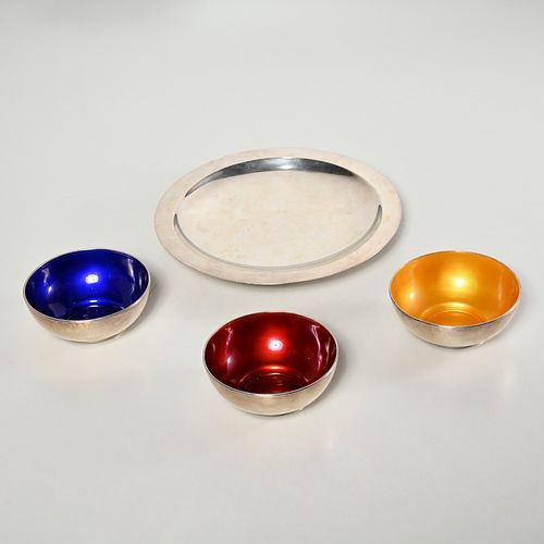 A. Michelsen, (3) enameled silver bowls and dish
