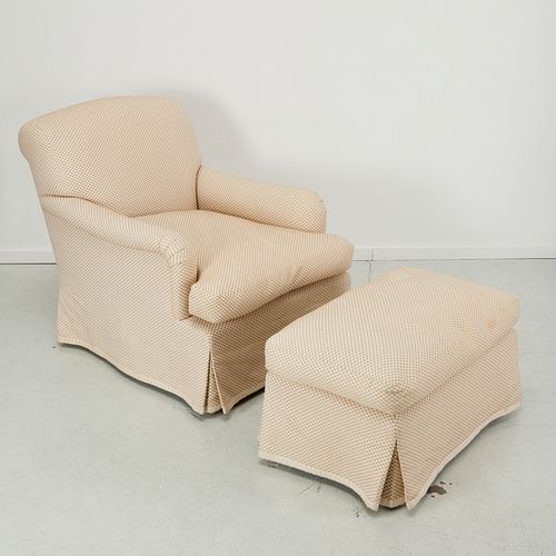 Custom upholstered swivel lounge chair and ottoman