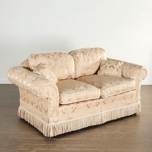 Custom damask upholstered settee