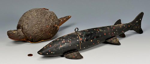 2 Folk Art Painted Fishing Decoys, Fish & Turtle