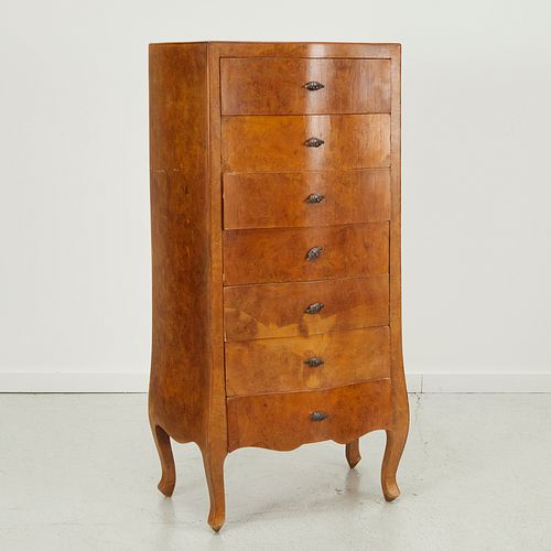 Italian burlwood veneer tall chest of drawers