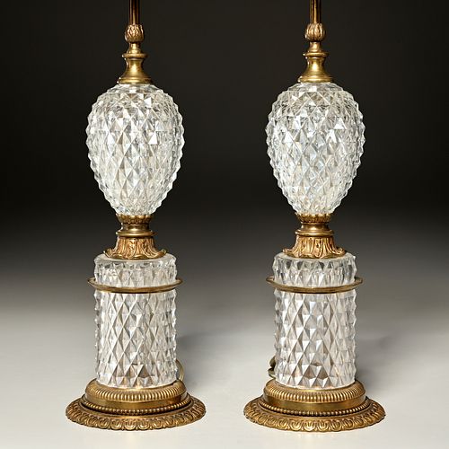 Pair Empire cut glass, gilt bronze table lamps