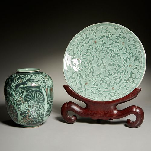 Korean celadon glazed porcelain charger and vase