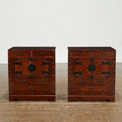 Pair small Korean iron mounted elm cabinets