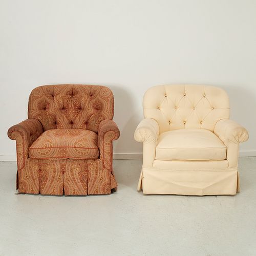 Near pair tufted upholstered club chairs
