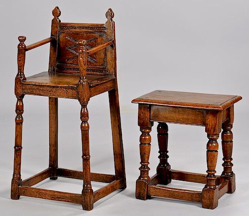 English Jacobean High Chair and small Table/stool