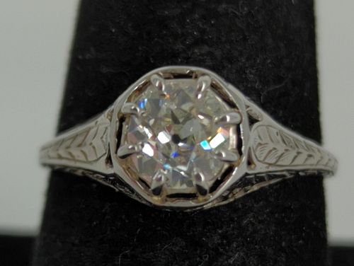 GIA Graded Brilliant Old Mine Cut Diamond Solitaire Ring In A Vintage 14kt White Gold Setting