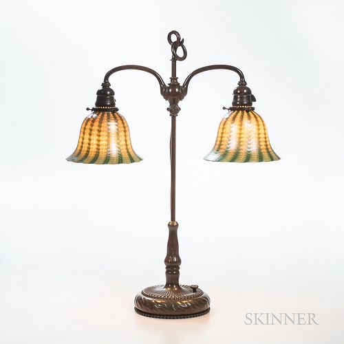 Tiffany Studios Double Student Lamp with Quezal Shades