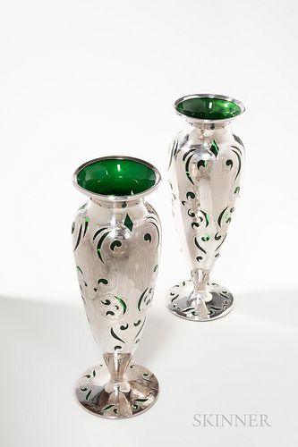Pair of Art Nouveau Silver Overlay Glass Vases