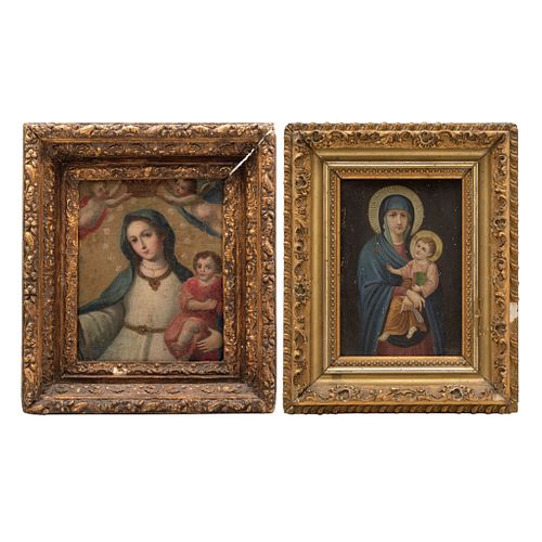 ANÓNIMOS Lote de 2 imágenes religiosas Siglo XIX 1.- Virgen de la Luz Óleo sobre tela 25.5 x 19 cm 2.- Virgen con niño