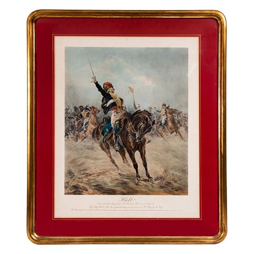 ELIZABETH THOMPSON. Halt! End of the last charge of the 10th (British) Hussars at Waterloo. Grabado a partir de la pintura orginal.
