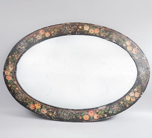 Espejo. México, primera mitad del SXX. Marco de madera. Diseño oval. Decorado con elementos florales sobre tela adherido a marco.