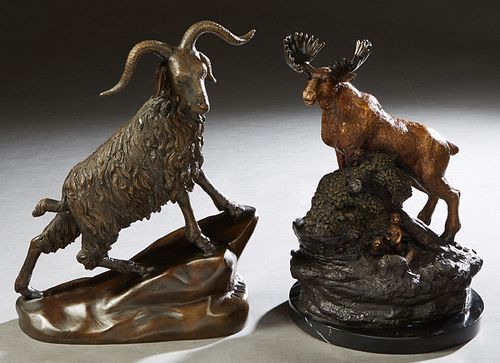Two Patinated Bronze Animalier Figures, 20th c., one of a moose on a circular marble base; and a bighorn sheep, on an integral slanted base, marked "C